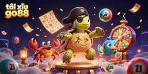 Tài xỉu go88 game illustration with a pirate turtle and treasure surrounding lottery elements.