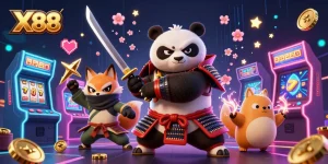 X88 players spinning slot reels with a fierce panda and ninja fox in a vibrant 3D casino.