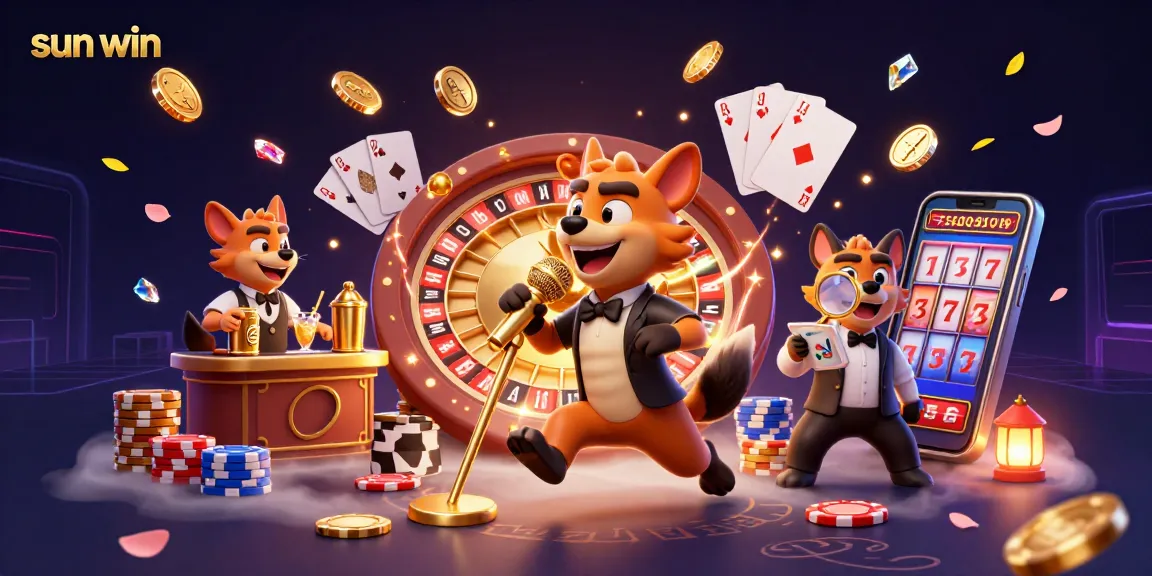 Experience the fun at sun win's lively casino with cartoon hyenas at the bar, stage, and door!