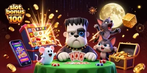 Slot bonus new member 100 beraksi dengan karakter kasino dalam ilustrasi 3D yang menarik.