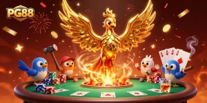 Experience the excitement of PG88 with a golden phoenix amidst a vibrant casino scene.
