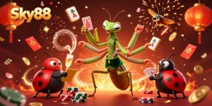 Sky88 showcases a dazzling casino scene with card sharp and pit boss captivating gamblers.