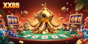 Engage in thrilling gameplay at XX88 with a golden kraken submarine amidst poker chips and slot reels.