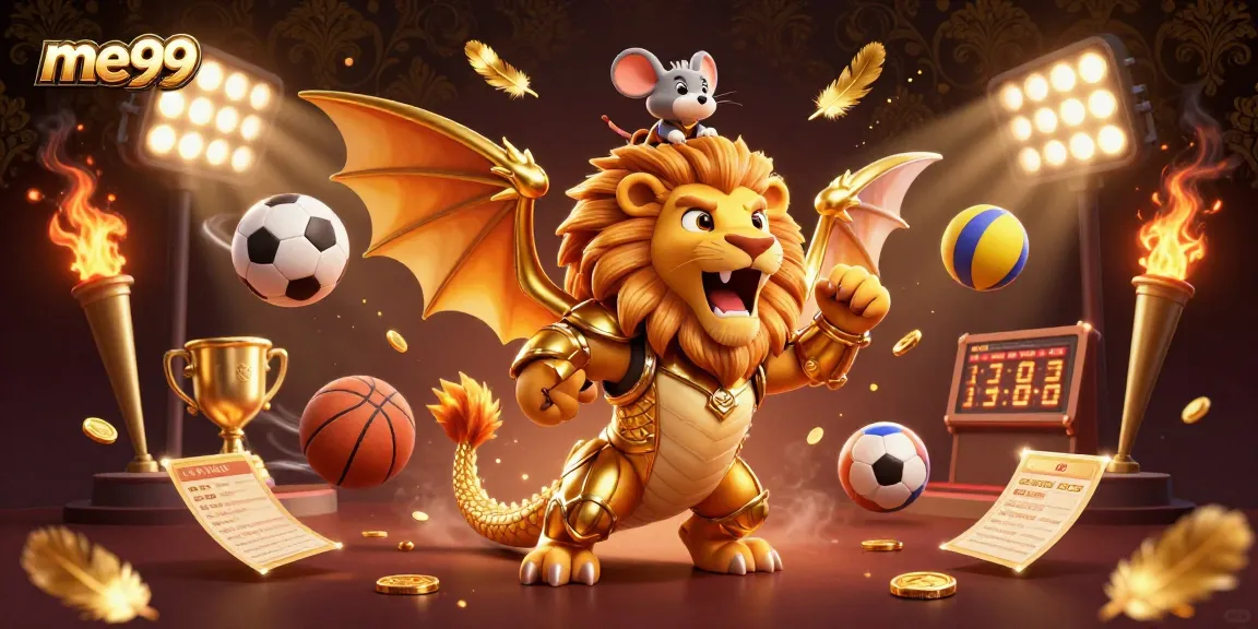 me99 showcases a vibrant 3D casino scene with a majestic chimera defeating competitors, complete with dynamic sports elements and treasures