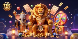 Engage with nk 88 through a vivid 3D illustration of a royal lion king, thrilling game elements, and festive atmosphere.