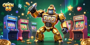 Engage in thrilling gameplay at OPEN 88 with a dynamic golden gorilla mech and arcade machines.