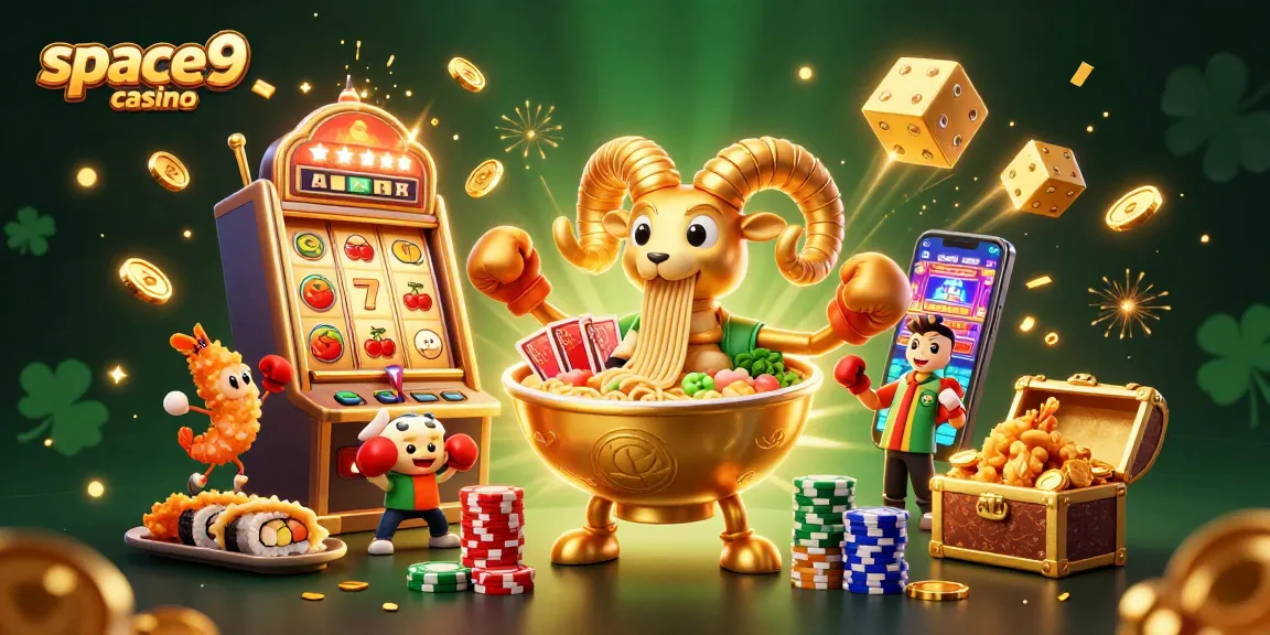 Experience excitement with space9 casino's vibrant 3D gaming illustration featuring slot machines and characters.