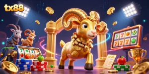 Engage with tx88 casino action featuring a charging golden ram amidst vibrant slot game elements.