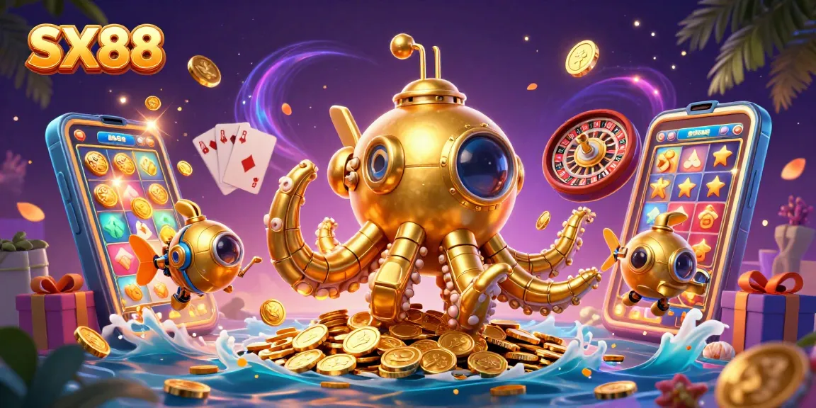SX88 offers a dynamic gaming experience with the golden kraken submarine surrounded by exciting casino elements.