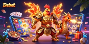 Experience thrilling Slot games with Debet amidst vibrant casino elements in a 3D illustration