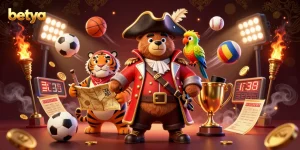 Engage with betya's thrilling gameplay featuring a cartoon pirate bear and tiger amidst sports action.