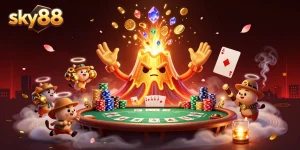 Engage in thrilling gameplay at sky88, featuring a vibrant casino scene with a volcano and poker elements.