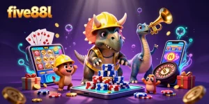 Join the excitement at five88l with cartoon characters celebrating wins in a vibrant casino setting.