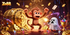 Players engage with the vibrant Zo88 casino, featuring golden treasures and animated gaming elements.
