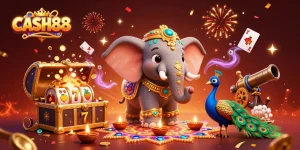 CASH88 slots jackpot scene with a colorful animated elephant and peacock, celebrating with gold coins and dynamic game elements.