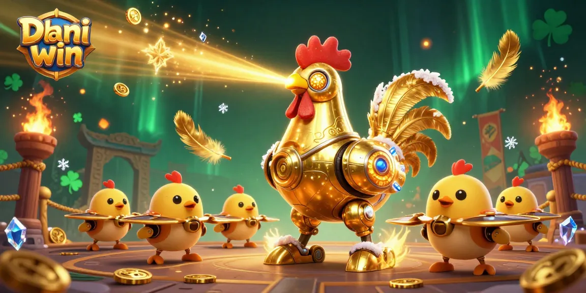 Engage in thrilling gameplay at Dhani win with a vibrant 3D scene featuring a golden rooster robot and chick drones.