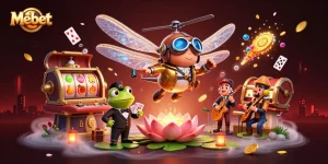 Mebet players enjoy thrilling games at a lily pad casino with a frog croupier and jazz musicians.