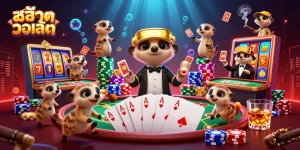 Engaging scene of สล็อตวอเลท with meerkats orchestrating vibrant casino games amid floating slot elements.