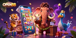 Experience the thrill of OPEN88 with a vibrant casino scene featuring unique characters and exciting games.