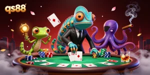 Engage in thrilling gameplay at qs88, featuring vibrant poker elements and dynamic characters in an exciting casino scene.