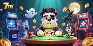 Engage with 7m as the Frankenstein bulldog monster deals cards at a casino-inspired spooky table.