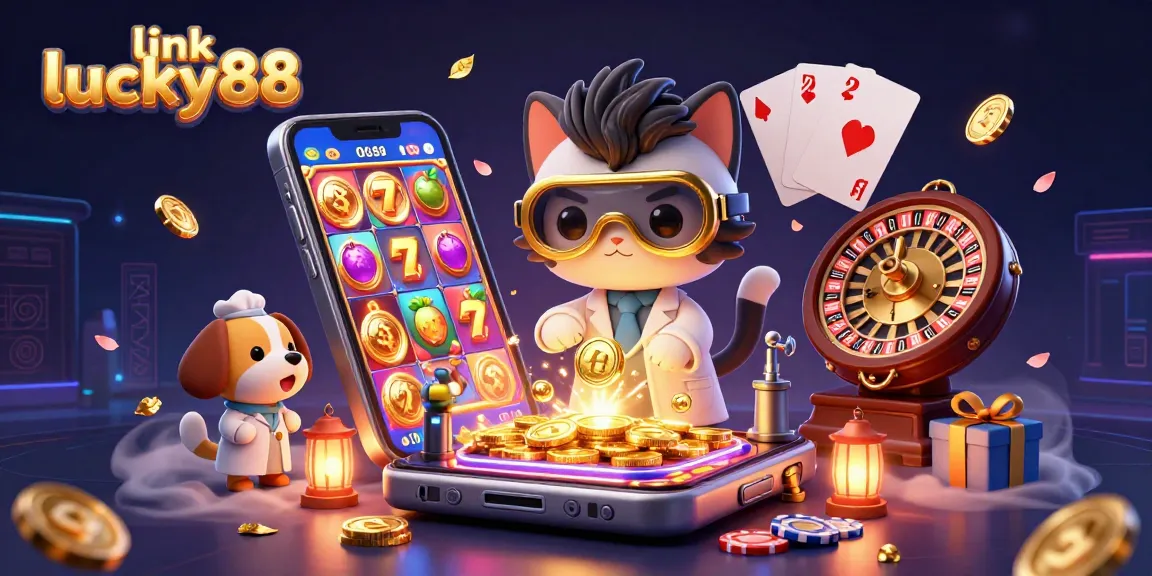 Engage in thrilling games at link lucky88, featuring a dynamic 3D illustration of casino excitement.