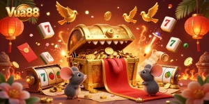 Experience thrilling gameplay at Vua88 with a vibrant 3D illustration of slot games and enchanting visuals.