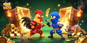 Gambarkan slot bet kecil dengan duel ayam 3D bertarung di ruang berkilau emas