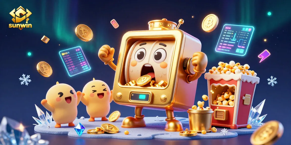 Experience sunwin as the golden slot machine celebrates a jackpot amidst vibrant crypto elements.