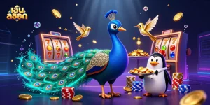 Experience thrilling เล่นสล็อต with vibrant characters and dynamic game elements in a colorful casino scene.