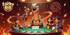 Experience thrilling gameplay with Lucky 88 as a giant brontosaurus deals cards at a lively poker table.
