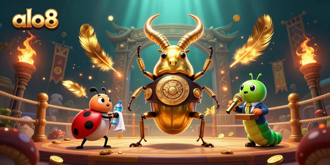 Experience the thrill of alo8 with a giant golden stag beetle champion in a dynamic casino battle scene.