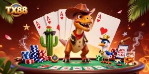 Witness the TX88 cowboy dinosaur spin poker luck in a vibrant casino illustration.