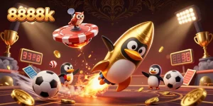 Engage in gaming excitement with 8888k as the golden penguin blasts through the cosmic casino!