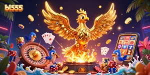 Experience winning fortunes at bl555 with a vibrant 3D casino scene featuring golden phoenix and dynamic game elements.