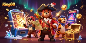 King88 captures thrilling casino action with vibrant slot machines and dynamic characters.