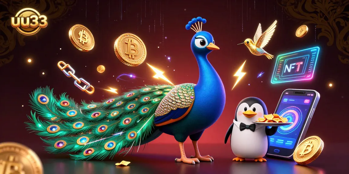 Engage with the crypto casino scene showcasing uu33 through an aristocratic peacock, vibrant coins, and electric energy.