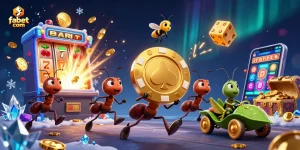 Experience game excitement with fabet com; 3D cartoon characters engaged in a thrilling heist amidst vibrant casino elements.