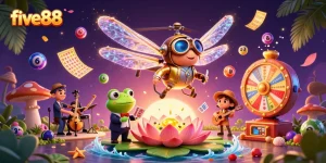 Immerse in the vibrant world of five88 as a dragonfly pilot hovers over a lively casino scene.