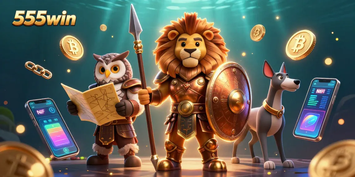 Experience 555win excitement with a vibrant 3D casino adventure featuring a Spartan lion, owl, and greyhound.