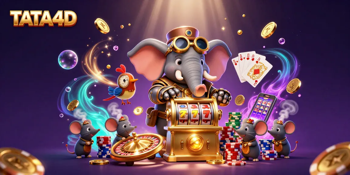 TATA4D brings excitement with a steampunk elephant and slot machine in a vibrant casino scene.