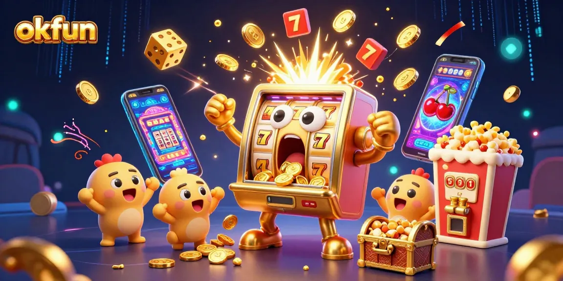okfun slot machine hits a jackpot while golden coins pour out, showcasing vibrant casino elements