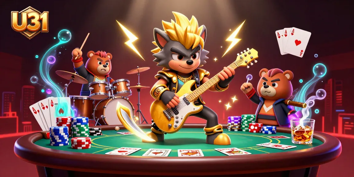 Experience thrilling action at U31 with a rock star wolf and drummer bear in an electric casino show.
