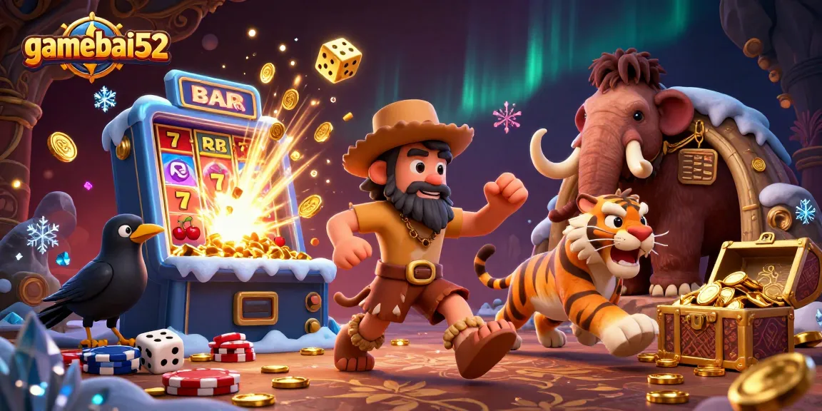Play thrilling games at gamebai52 with cartoon caveman and sabertooth tiger in a vibrant casino scene.