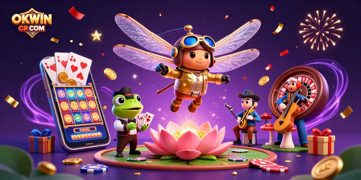Experience the thrill of gambling with OKWIN GR COM featuring colorful slot games, frog croupiers, and vibrant casino energy.