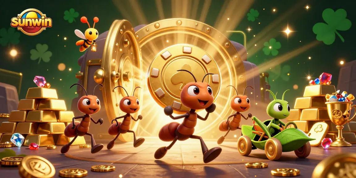 Win big with sunwin's cartoon heist scene featuring ants, poker chips, and treasures.