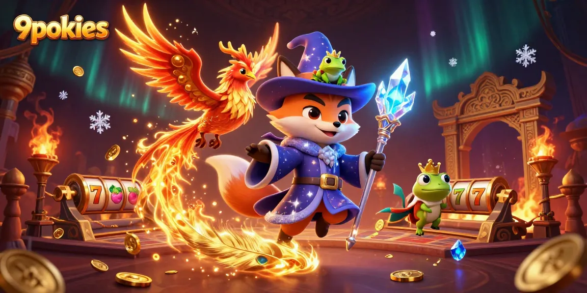 Experience 9pokies through a mystical 3D illustration filled with vibrant casino elements and animated characters.