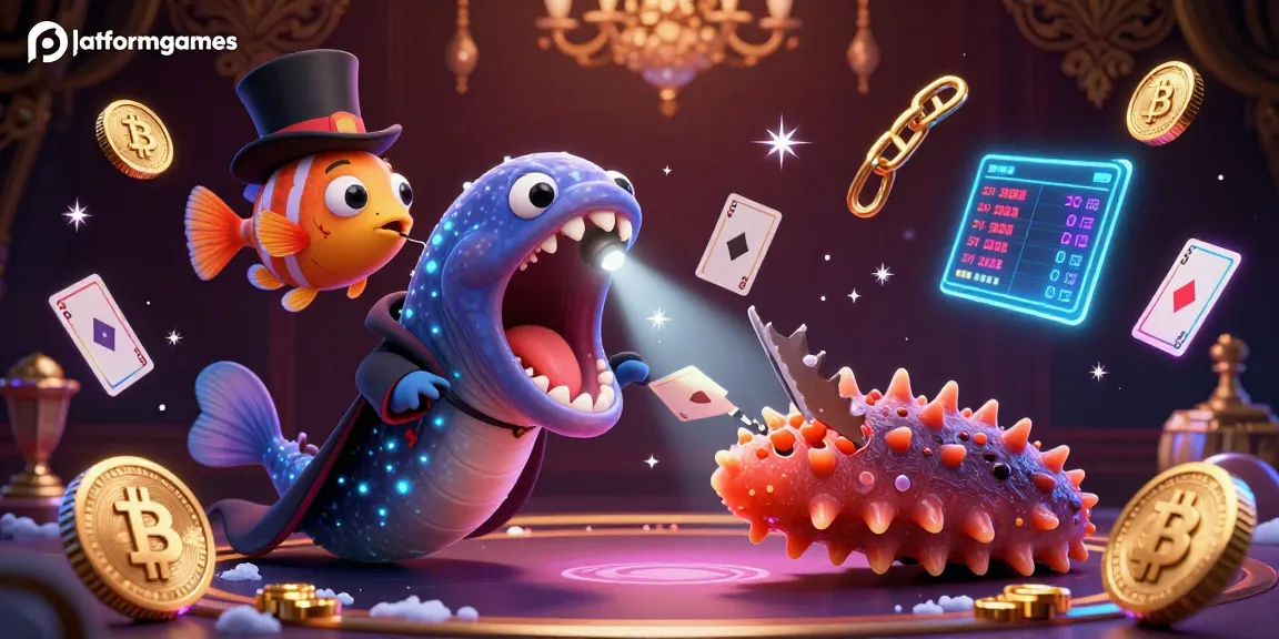 Join the magic at platformgames with a bioluminescent eel performing card tricks in a vibrant casino.