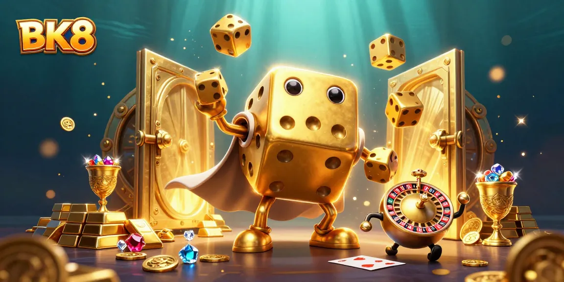 Experience the excitement of BK8 with vibrant imagery of golden dice and casino treasures.