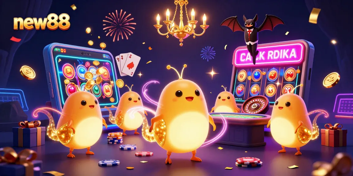 Experience the excitement at new88 with vibrant glowworms illuminating a lively casino scene.